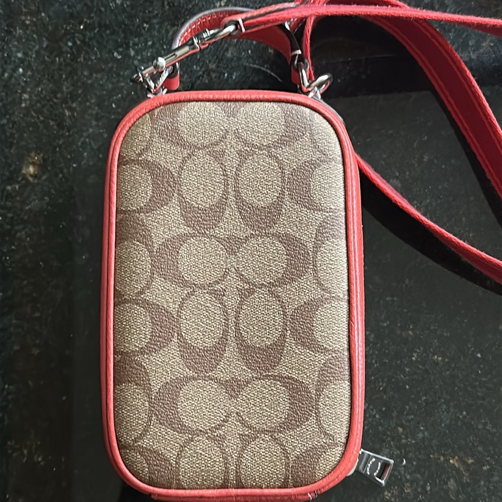 Coach Eva Phone Crossbody Bag Signature Canvas, Tan and Burnt Orange - Picture 4 of 7